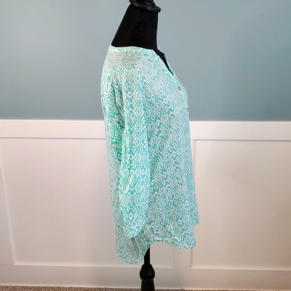 Grand & Greene Rayon Popover Blouse Aqua White S - Picture 5 of 9